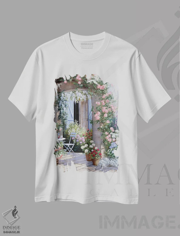 تیشرت سفید طرح دار – تیشرت هنری ,دعوت گل ها اثر پیتر موتز فروشگاه ایماژ