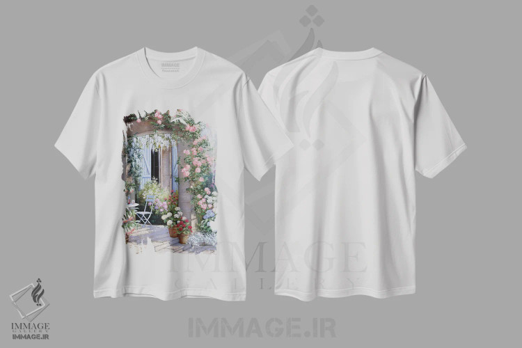 تیشرت سفید طرح دار – تیشرت هنری ,دعوت گل ها اثر پیتر موتز فروشگاه ایماژ