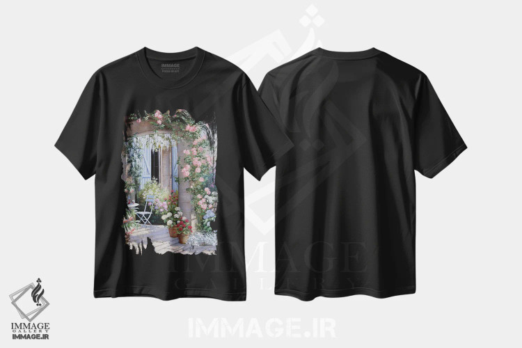 تیشرت مشکی طرح دار – تیشرت هنری ,دعوت گل ها اثر پیتر موتز immage.ir