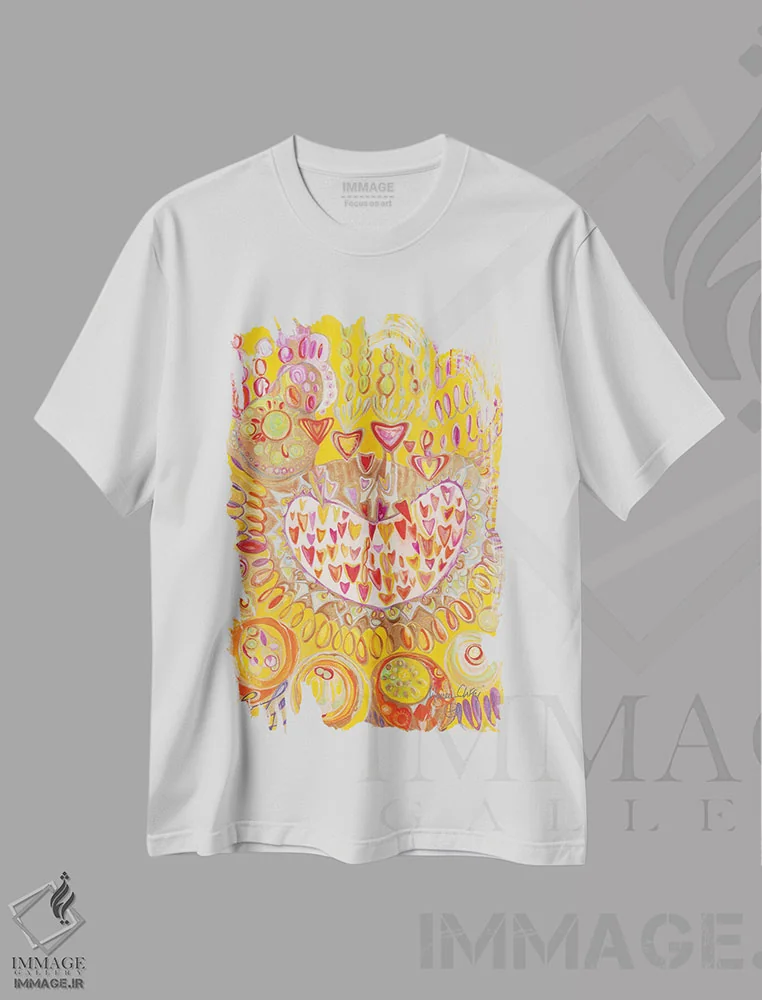 تیشرت سفید طرح دار – تیشرت هنری ,خوشبختی اثر مورین کلافی فروشگاه ایماژ