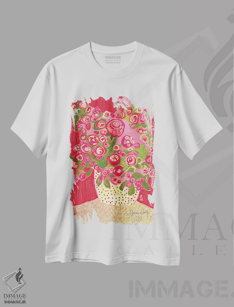 تیشرت سفید طرح دار – تیشرت طبیعت ,شکوفه اثر مورین کلافی فروشگاه ایماژ