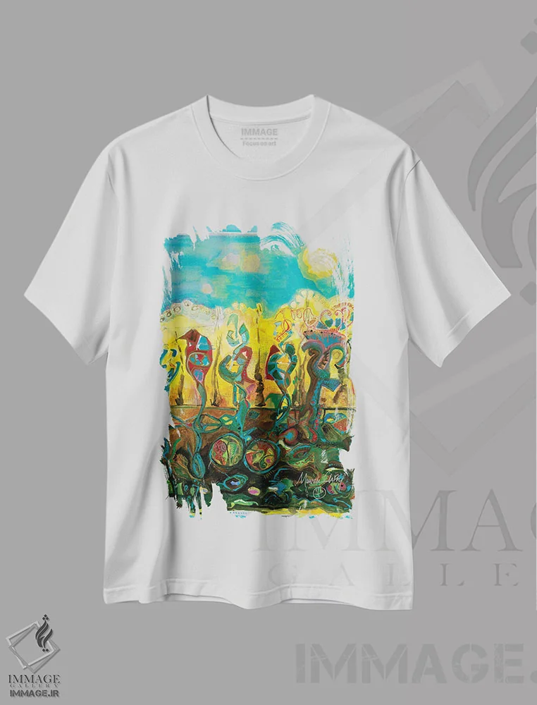 تیشرت سفید طرح دار – تیشرت هنری ,بافت خزه ای اثر مورین کلافی immage.ir