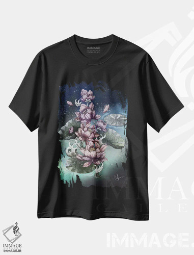 تیشرت مشکی طرح دار – تیشرت گلدار هنری ,گل نیلوفر آبی اثر مارین لوپ فروشگاه ایماژ