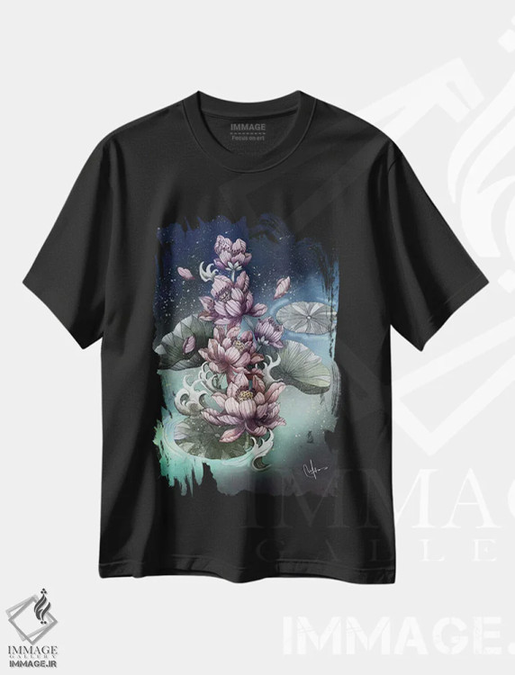 تیشرت مشکی طرح دار – تیشرت گلدار هنری ,گل نیلوفر آبی اثر مارین لوپ فروشگاه ایماژ