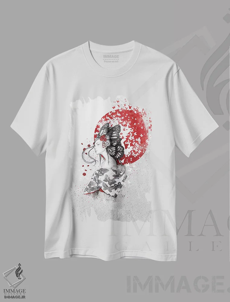 تیشرت سفید طرح دار – تیشرت هنری زنانه ,بانوی پروانه اثر مارین لوپ فروشگاه ایماژ