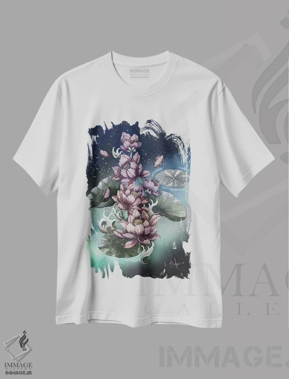 تیشرت سفید طرح دار – تیشرت گلدار هنری ,گل نیلوفر آبی اثر مارین لوپ immage.ir