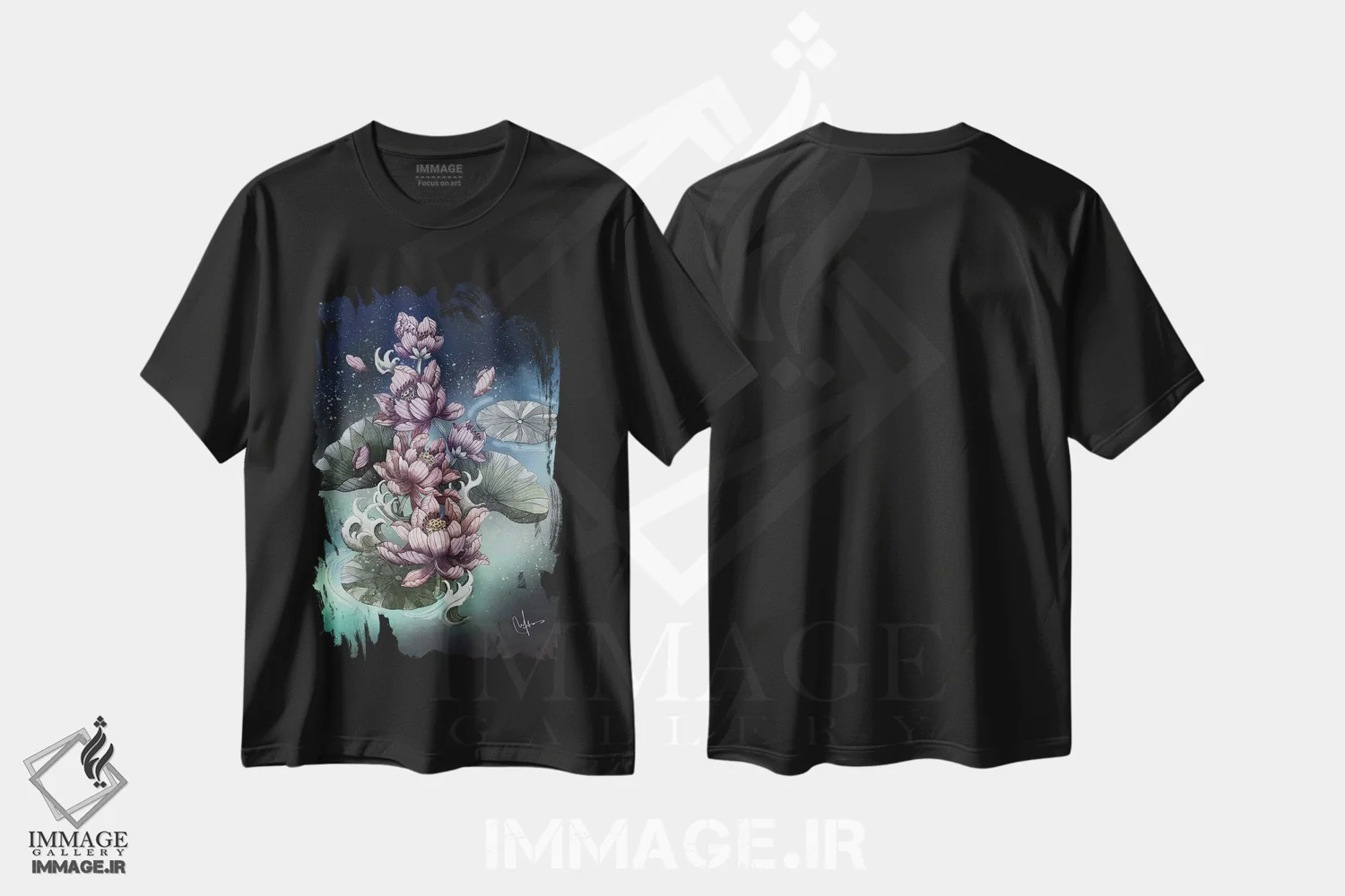 تیشرت مشکی طرح دار – تیشرت گلدار هنری ,گل نیلوفر آبی اثر مارین لوپ فروشگاه ایماژ