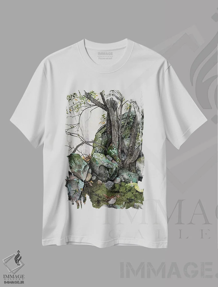 تیشرت سفید طرح دار – تیشرت طبیعت ,شکاف ها اثر مگی واندواله فروشگاه ایماژ