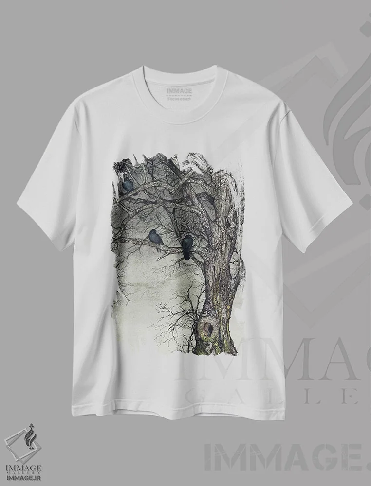 تیشرت سفید طرح دار – تیشرت کلاغ ,محل خوابیدن پرندگان اثر مگی واندواله immage.ir
