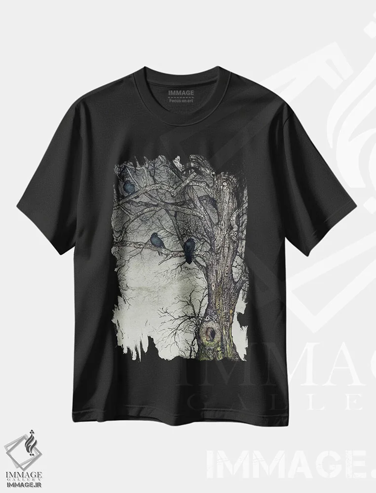 تیشرت مشکی طرح دار – تیشرت کلاغ ,محل خوابیدن پرندگان اثر مگی واندواله فروشگاه ایماژ