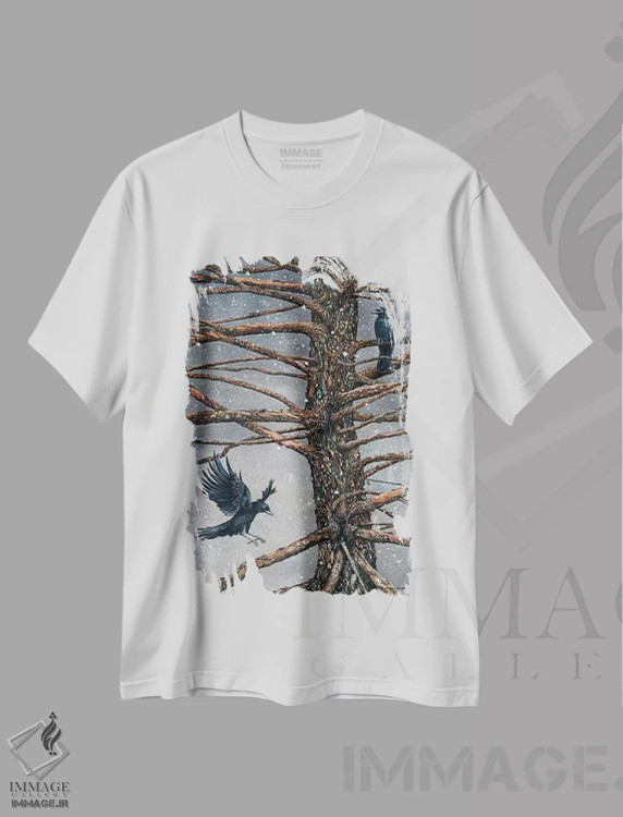تیشرت سفید طرح دار – تیشرت هنری ,کلاغ و سدر اثر مگی واندواله immage.ir