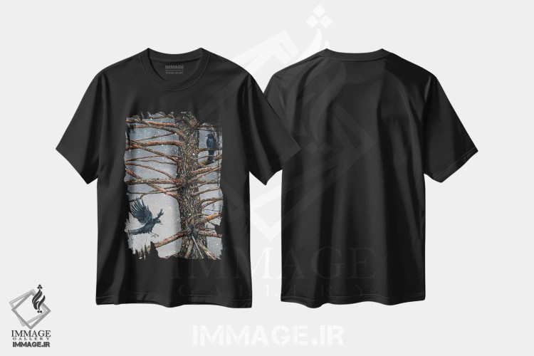 تیشرت مشکی طرح دار – تیشرت هنری ,کلاغ و سدر اثر مگی واندواله فروشگاه ایماژ