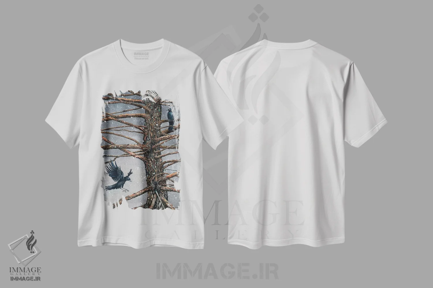 تیشرت سفید طرح دار – تیشرت هنری ,کلاغ و سدر اثر مگی واندواله immage.ir