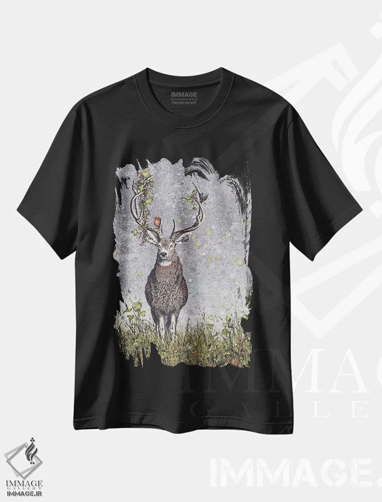 تیشرت مشکی طرح دار – تیشرت طبیعت ,گوزن نر اثر مگی واندواله فروشگاه ایماژ