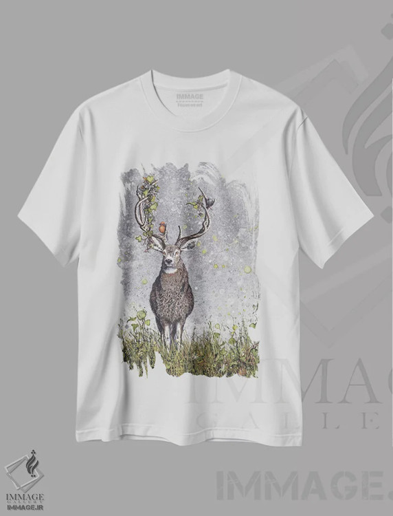 تیشرت سفید طرح دار – تیشرت طبیعت ,گوزن نر اثر مگی واندواله immage.ir