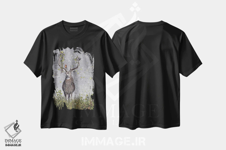 تیشرت مشکی طرح دار – تیشرت طبیعت ,گوزن نر اثر مگی واندواله فروشگاه ایماژ