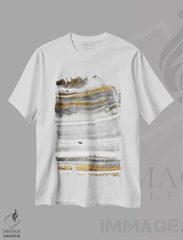 تیشرت سفید طرح دار – تیشرت انتزاعی ,جریان طلا اثر میلی ویلا فروشگاه ایماژ