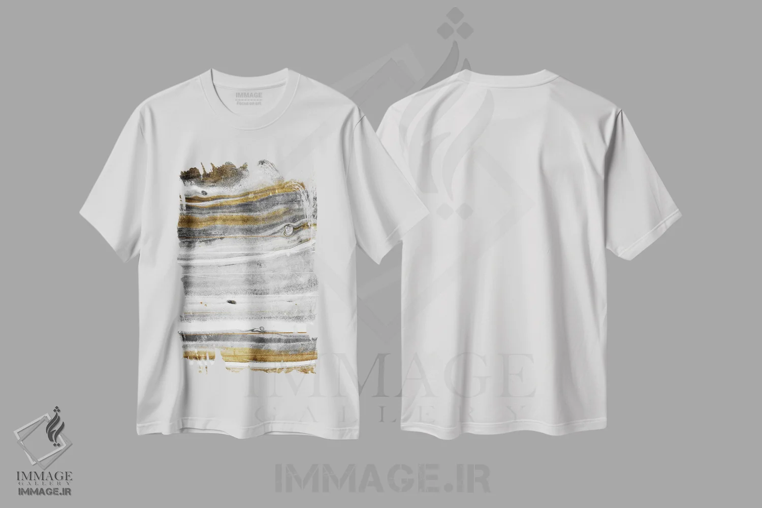 تیشرت سفید طرح دار – تیشرت انتزاعی ,جریان طلا اثر میلی ویلا فروشگاه ایماژ