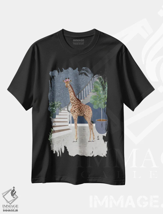 تیشرت مشکی طرح دار – تیشرت هنری ,زرافه و پله ها اثر سارا مانوفسکی فروشگاه ایماژ
