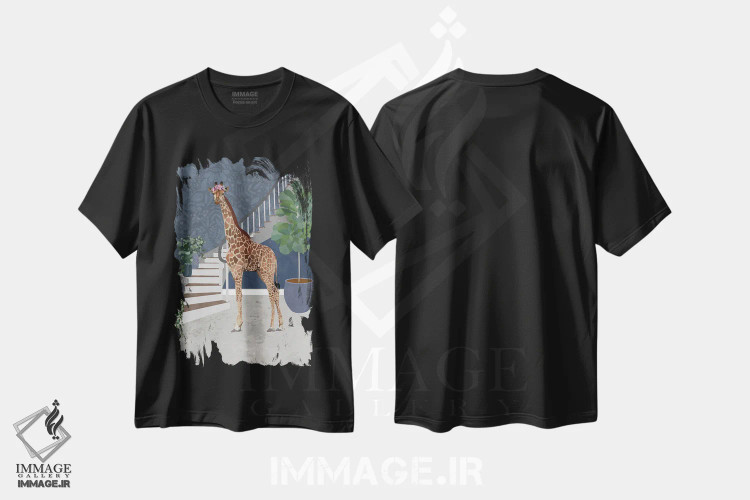 تیشرت مشکی طرح دار – تیشرت هنری ,زرافه و پله ها اثر سارا مانوفسکی فروشگاه ایماژ