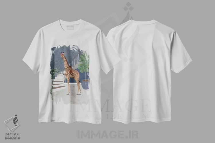 تیشرت سفید طرح دار – تیشرت هنری ,زرافه و پله ها اثر سارا مانوفسکی immage.ir