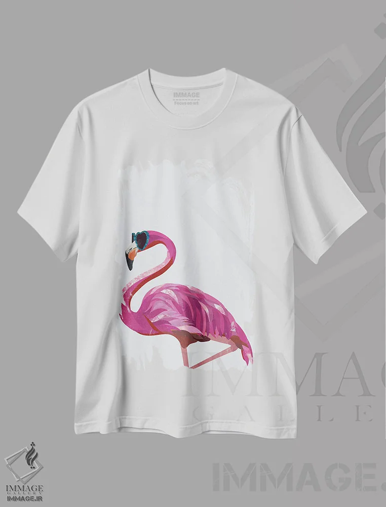 تیشرت سفید طرح دار – تیشرت فانتزی ,فلامینگو با عینک قلبی اثر سارا مانوفسکی فروشگاه ایماژ