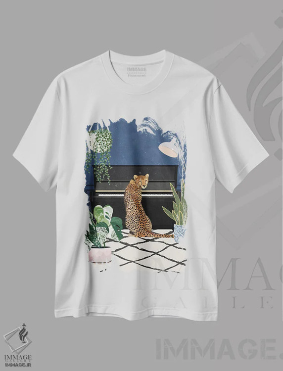 تیشرت سفید طرح دار – تیشرت موسیقی ,یوزپلنگ نوازندهٔ پیانو اثر سارا مانوفسکی فروشگاه ایماژ