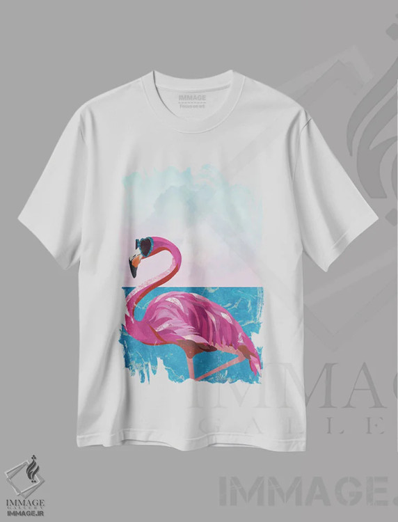 تیشرت سفید طرح دار – تیشرت ساحلی ,فلامینگو در ساحل اثر سارا مانوفسکی فروشگاه ایماژ