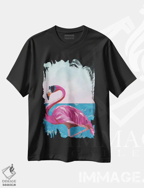 تیشرت مشکی طرح دار – تیشرت ساحلی ,فلامینگو در ساحل اثر سارا مانوفسکی immage.ir