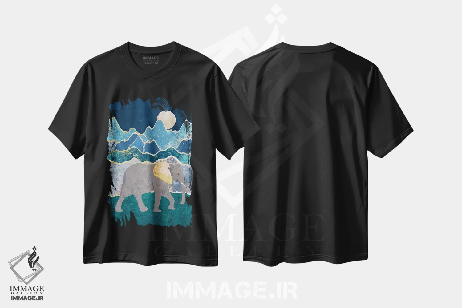 تیشرت مشکی طرح دار – تیشرت فیل ,فیل باشکوه در حال قدم زدن در نور ماه اثر سارا مانوفسکی immage.ir