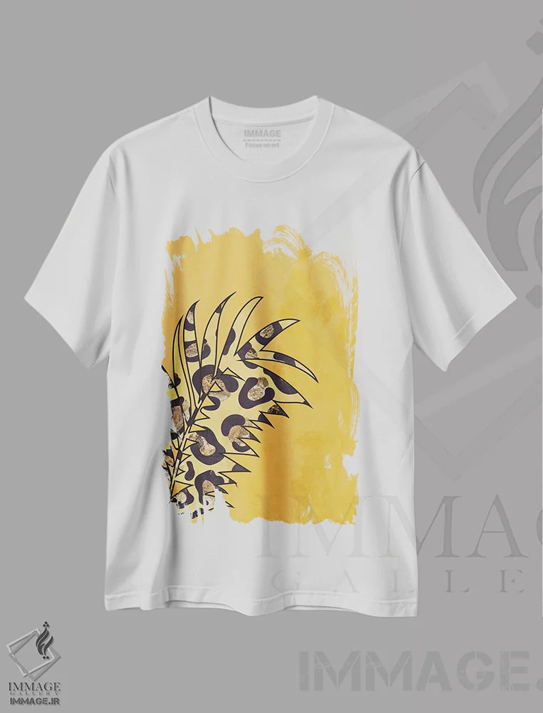 تیشرت سفید طرح دار – تیشرت طبیعت ,برگ با نقش پلنگی زرد اثر سارا مانوفسکی فروشگاه ایماژ