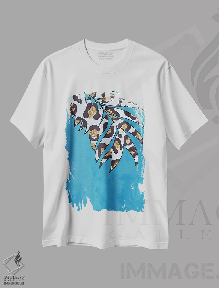 تیشرت سفید طرح دار – تیشرت گیاهان ,برگ با نقش پلنگی آبی اثر سارا مانوفسکی فروشگاه ایماژ