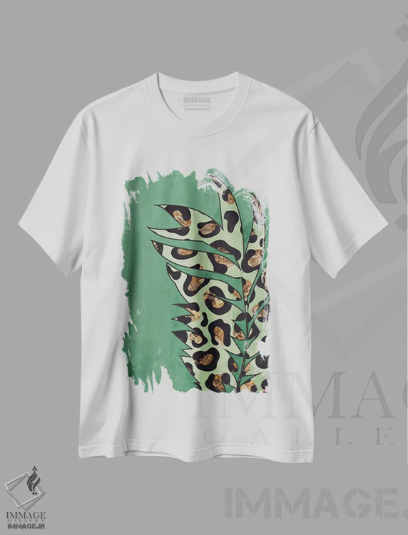 تیشرت سفید طرح دار – تیشرت طبیعت ,برگ با نقش پلنگی سبز اثر سارا مانوفسکی immage.ir
