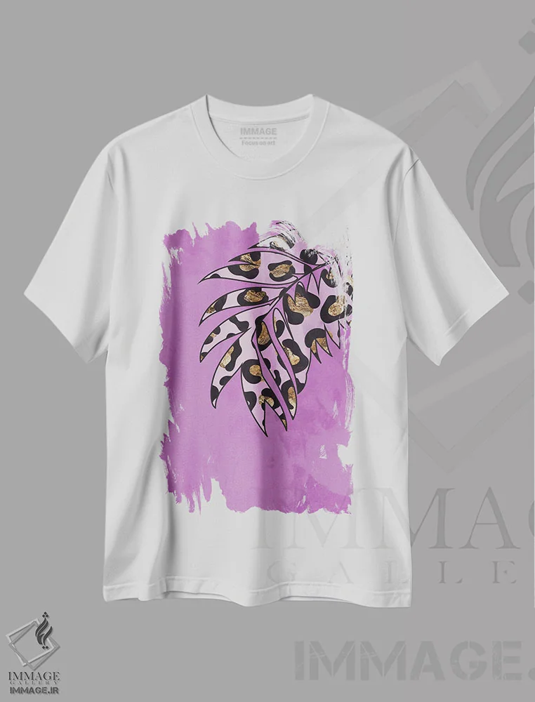 تیشرت سفید طرح دار – تیشرت گیاهان ,برگ با نقش پلنگی صورتی اثر سارا مانوفسکی immage.ir