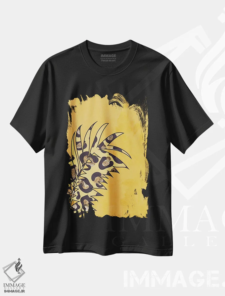 تیشرت مشکی طرح دار – تیشرت طبیعت ,برگ با نقش پلنگی زرد اثر سارا مانوفسکی immage.ir
