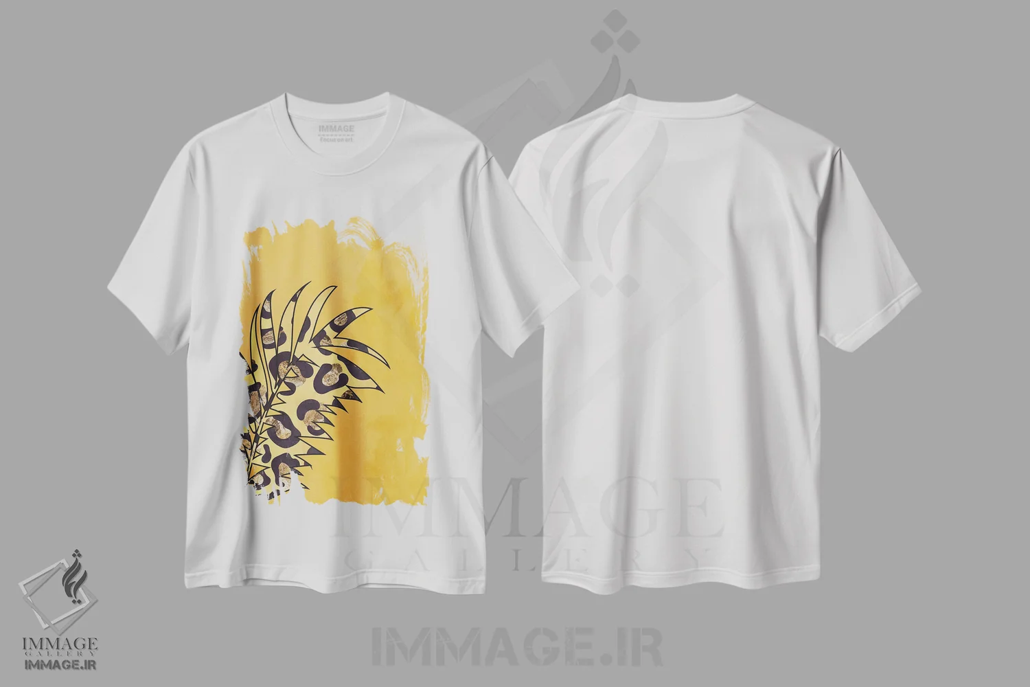 تیشرت سفید طرح دار – تیشرت طبیعت ,برگ با نقش پلنگی زرد اثر سارا مانوفسکی فروشگاه ایماژ