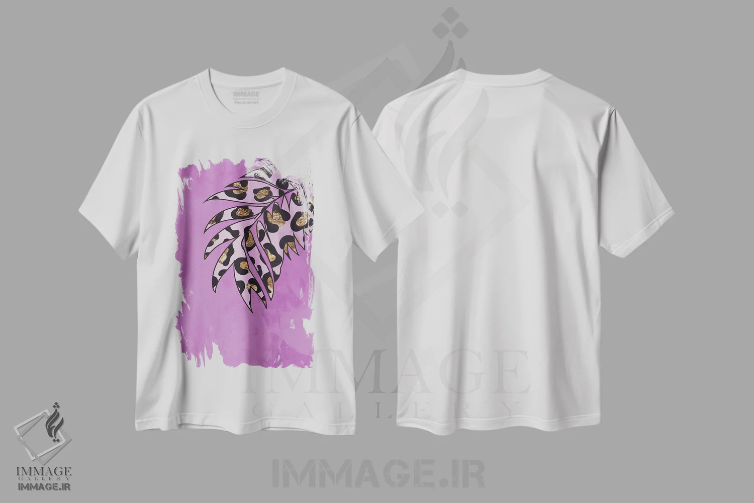 تیشرت سفید طرح دار – تیشرت گیاهان ,برگ با نقش پلنگی صورتی اثر سارا مانوفسکی immage.ir