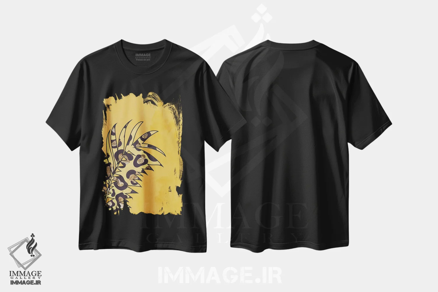 تیشرت مشکی طرح دار – تیشرت طبیعت ,برگ با نقش پلنگی زرد اثر سارا مانوفسکی immage.ir