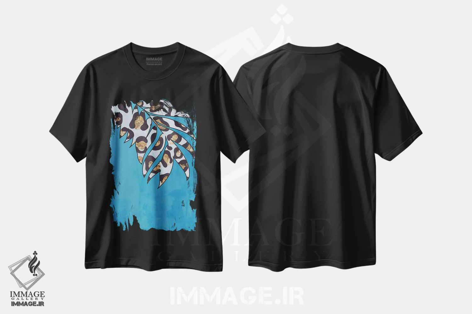 تیشرت مشکی طرح دار – تیشرت گیاهان ,برگ با نقش پلنگی آبی اثر سارا مانوفسکی immage.ir