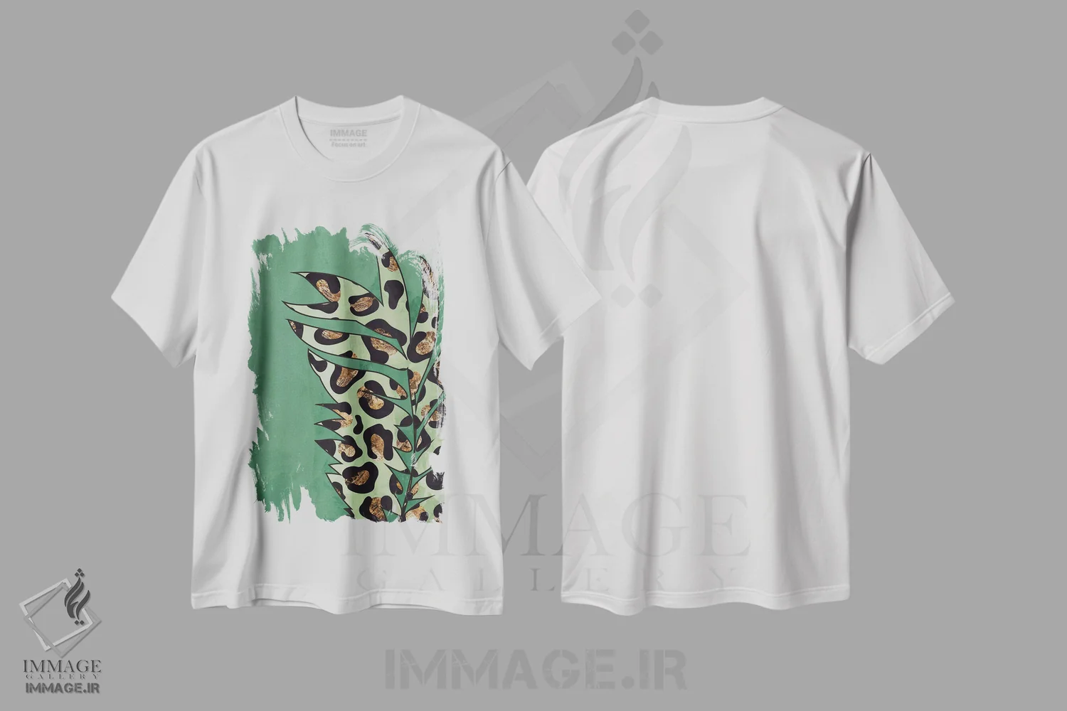 تیشرت سفید طرح دار – تیشرت طبیعت ,برگ با نقش پلنگی سبز اثر سارا مانوفسکی immage.ir