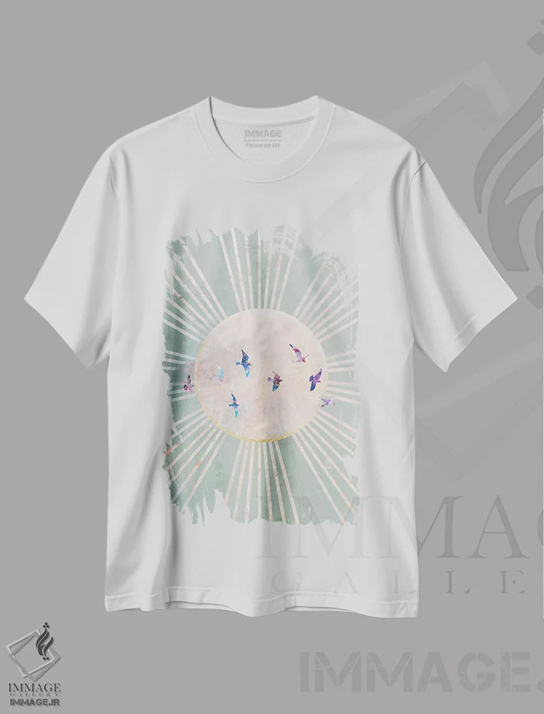 تیشرت سفید طرح دار – تیشرت هنری ,خورشید و پرندگان سبز بوهو اثر سارا مانوفسکی فروشگاه ایماژ