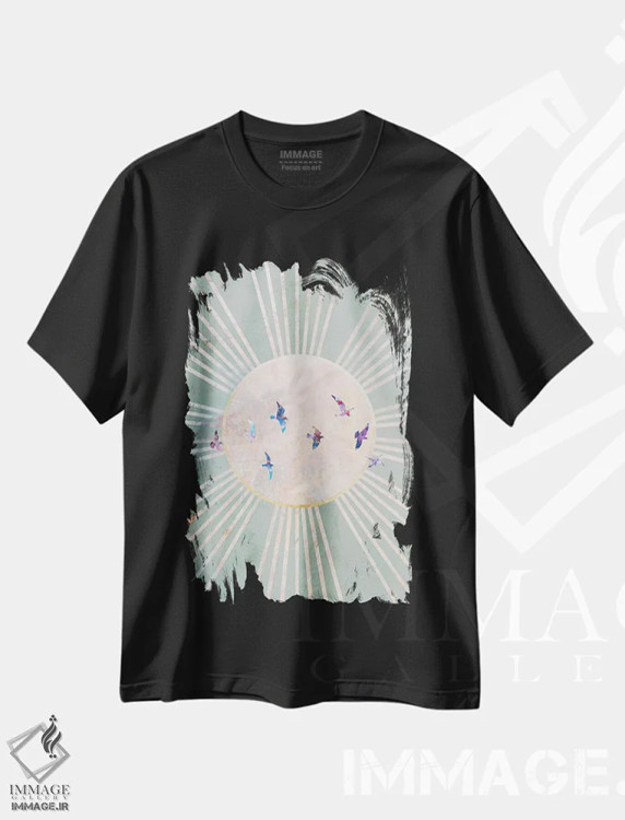 تیشرت مشکی طرح دار – تیشرت هنری ,خورشید و پرندگان سبز بوهو اثر سارا مانوفسکی immage.ir