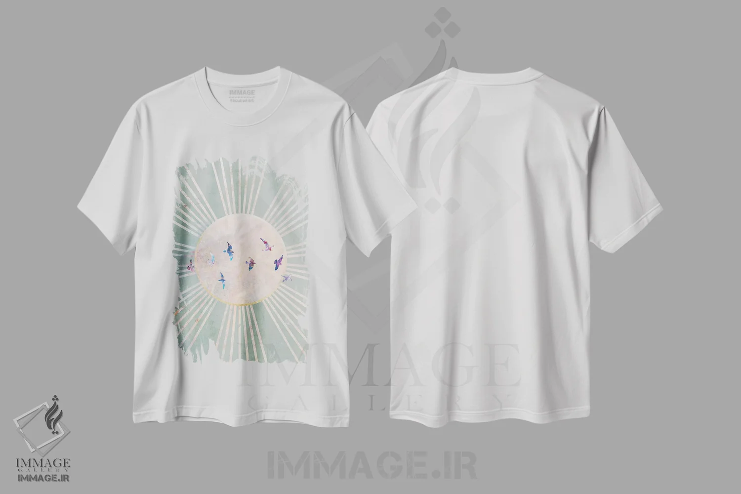 تیشرت سفید طرح دار – تیشرت هنری ,خورشید و پرندگان سبز بوهو اثر سارا مانوفسکی فروشگاه ایماژ