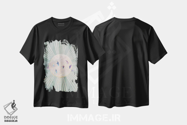 تیشرت مشکی طرح دار – تیشرت هنری ,خورشید و پرندگان سبز بوهو اثر سارا مانوفسکی immage.ir