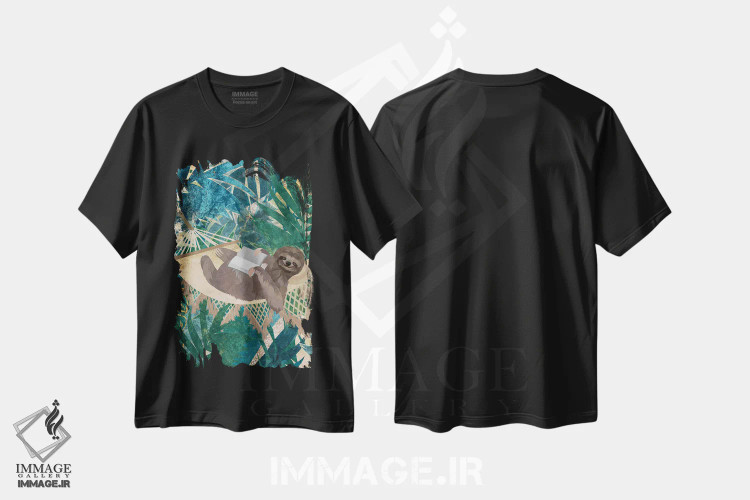 تیشرت مشکی طرح دار – تیشرت طبیعت ,تنبلی در جنگل اثر سارا مانوفسکی immage.ir