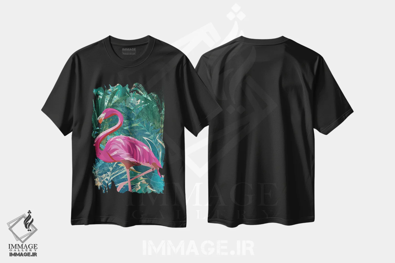 تیشرت مشکی طرح دار – تیشرت فانتزی ,فلامینگو در جنگل اثر سارا مانوفسکی immage.ir
