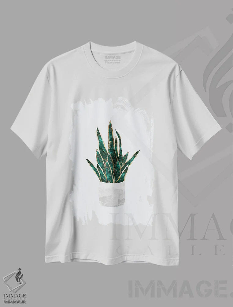 تیشرت سفید طرح دار – تیشرت گیاهان ,سانسوریا فلزی اثر سارا مانوفسکی فروشگاه ایماژ
