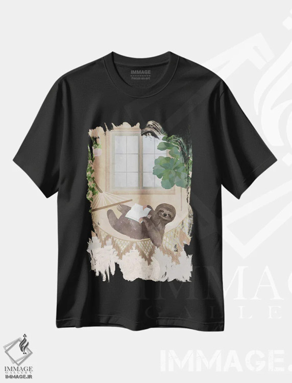 تیشرت مشکی طرح دار – تیشرت بوهو ,تنبلی بوهو در حال کتاب خواندن روی ننو اثر سارا مانوفسکی immage.ir