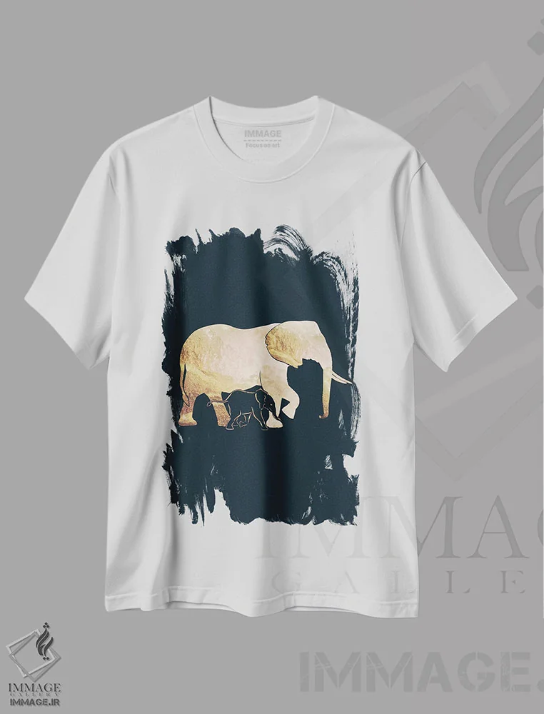 تیشرت سفید طرح دار – تیشرت حیوانات ,فیل ها : سیلوئت طلایی روی زمینهٔ سیاه اثر سارا مانوفسکی فروشگاه ایماژ