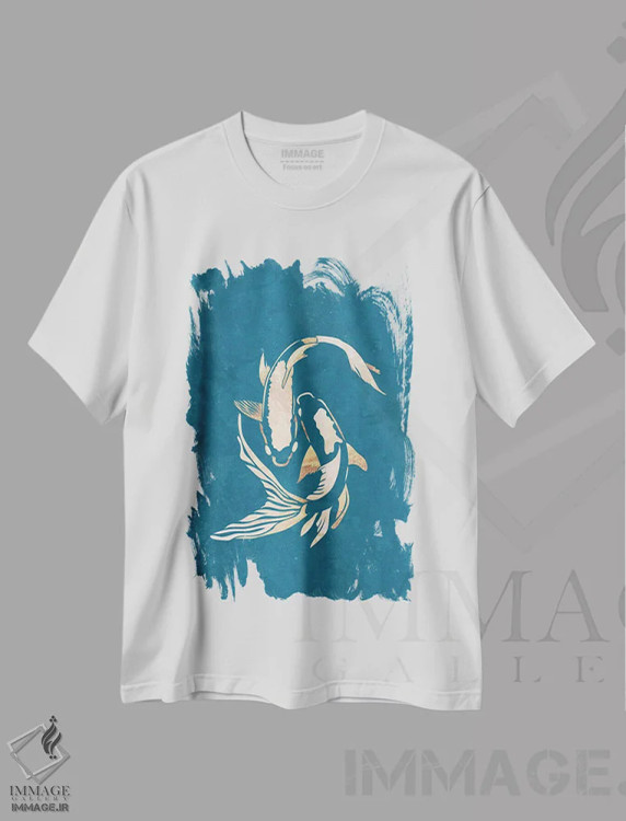 تیشرت سفید طرح دار – تیشرت هنری ,ماهی کوی : سیلوئت طلایی روی فیروزه ای اثر سارا مانوفسکی فروشگاه ایماژ
